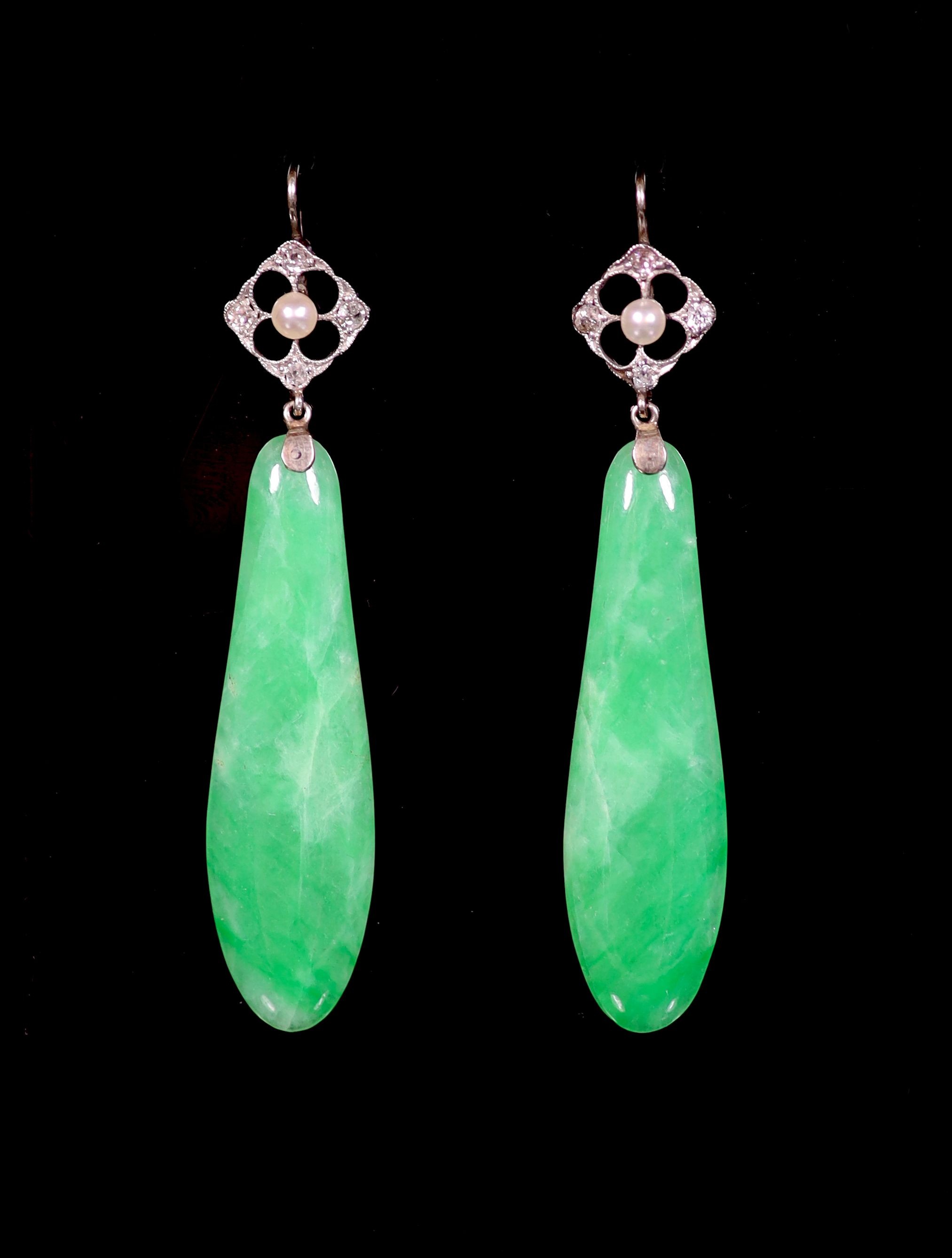 A pair of 1920's platinum, jadeite, seed pearl and diamond set drop earrings